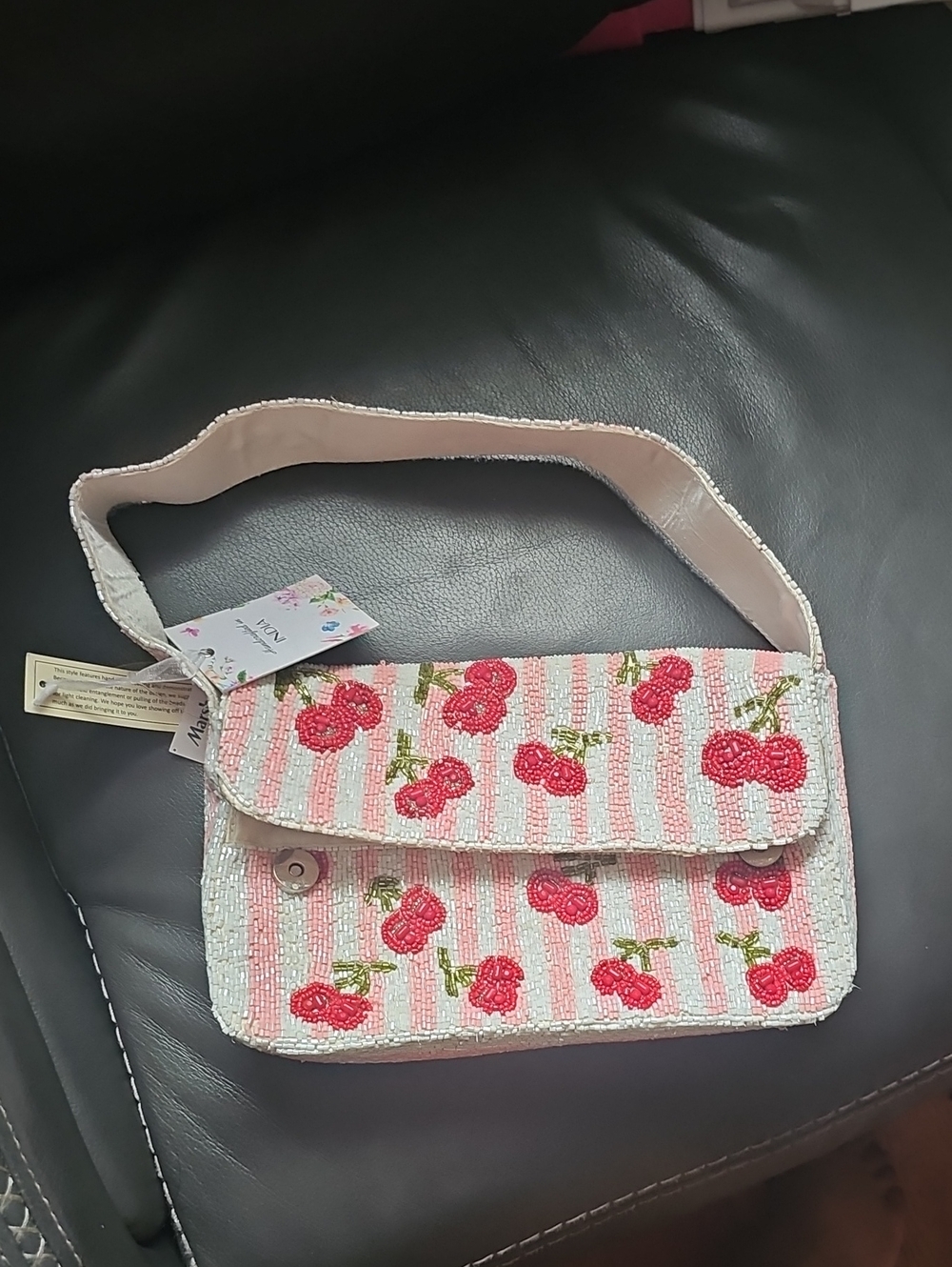 Cherry Beaded Shoulder Bag - Pink Stripe